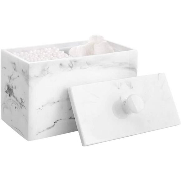 Cotton Swab Holder, Resin Cotton Ball Canister w/ Lid, 2 Compartment Dispenser - Picture 1 of 5